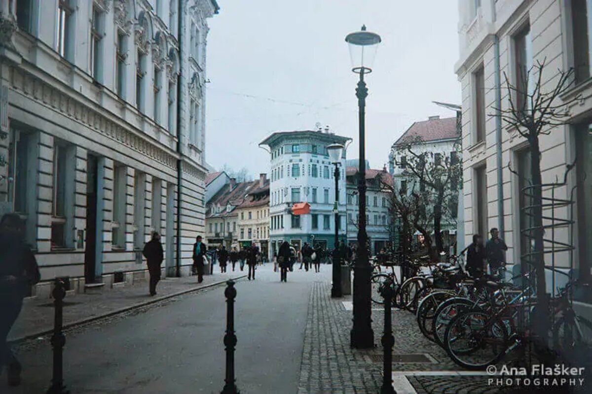 Ljubljana downtown towards Prešeren square, faded colors