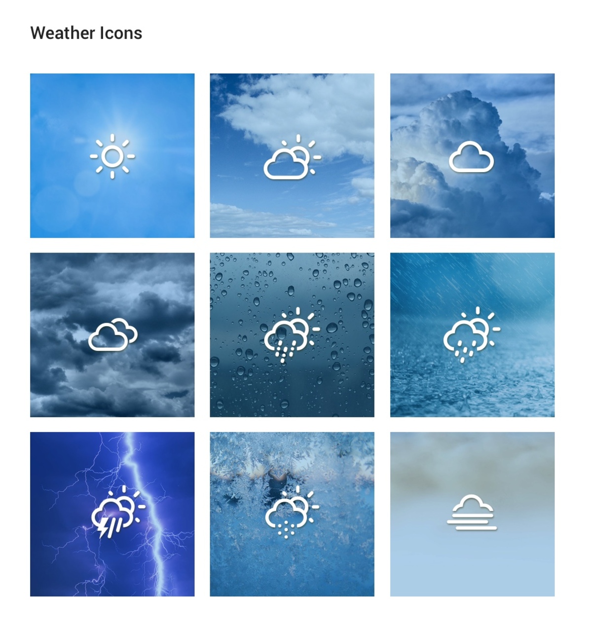 A set of linear icons for wether forecast against the photo of the weather for each icon, but this time a photo is tinted blue