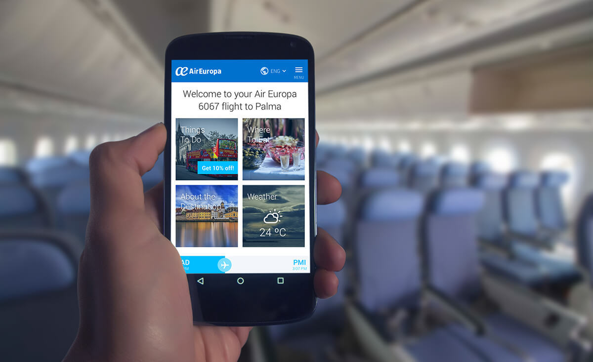 A person holding an Android phone inside the aircraft with in-flight portal open. A realistic mockup.