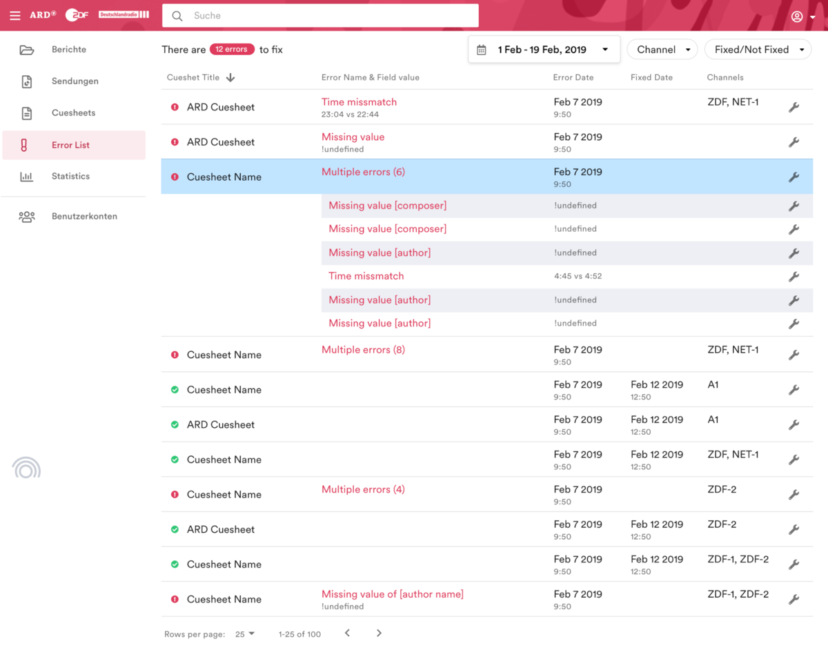 App design showing cue shets with errors in table layout