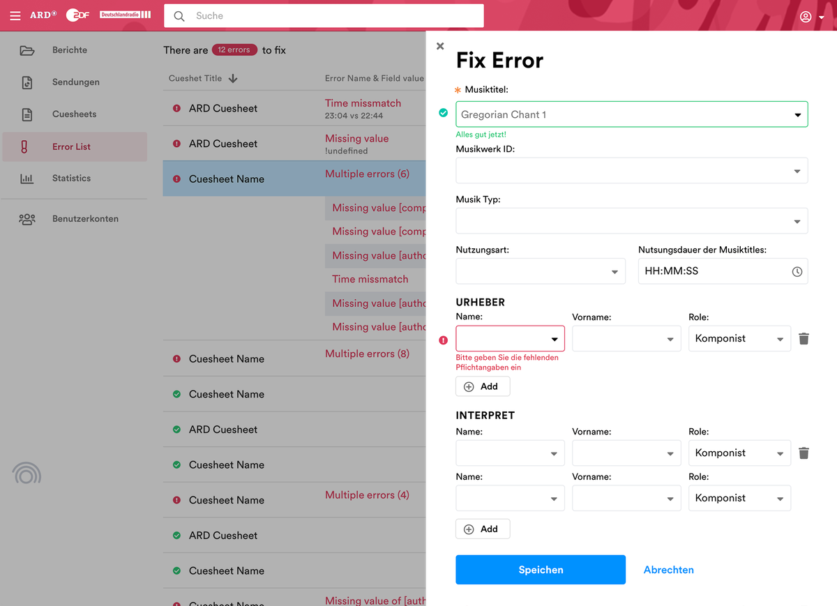 Slideout with highlighted mandatory fields to fix the error