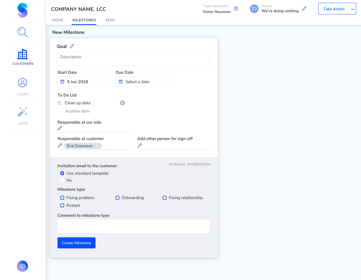 The process of creating a milestone: write a goal, start date, due date, responsible people, person to sign-off, and internal information such as milestone type and additional internal info