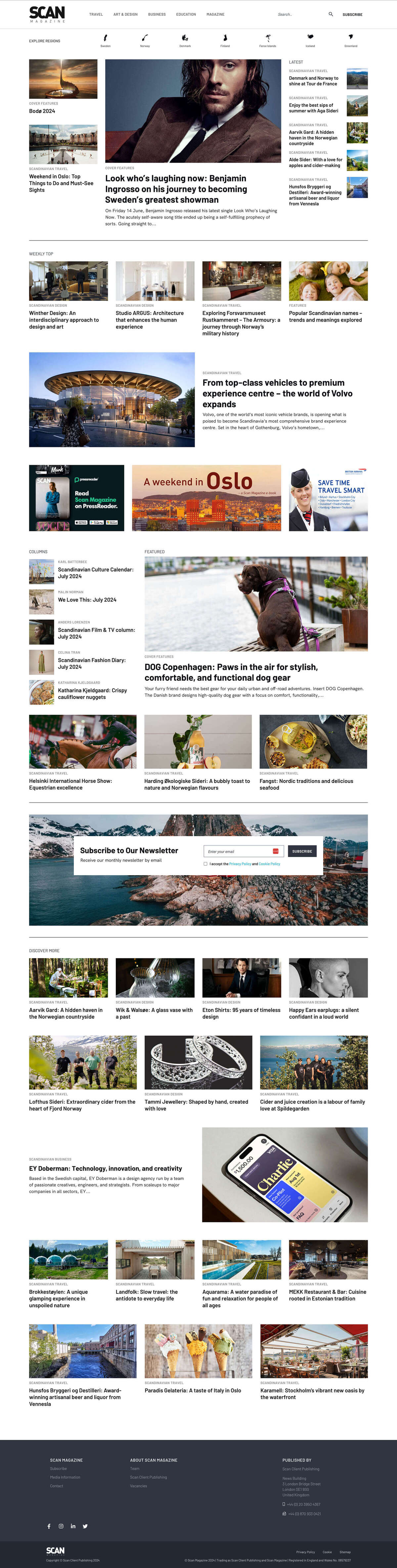 Home page of scan magazine. Navigation is based on categories and countries/regions. Contains one featured article and many smaller one above the fold. Weekly top section. Columns were moved a bit lower, and 'cover feature' article was added.