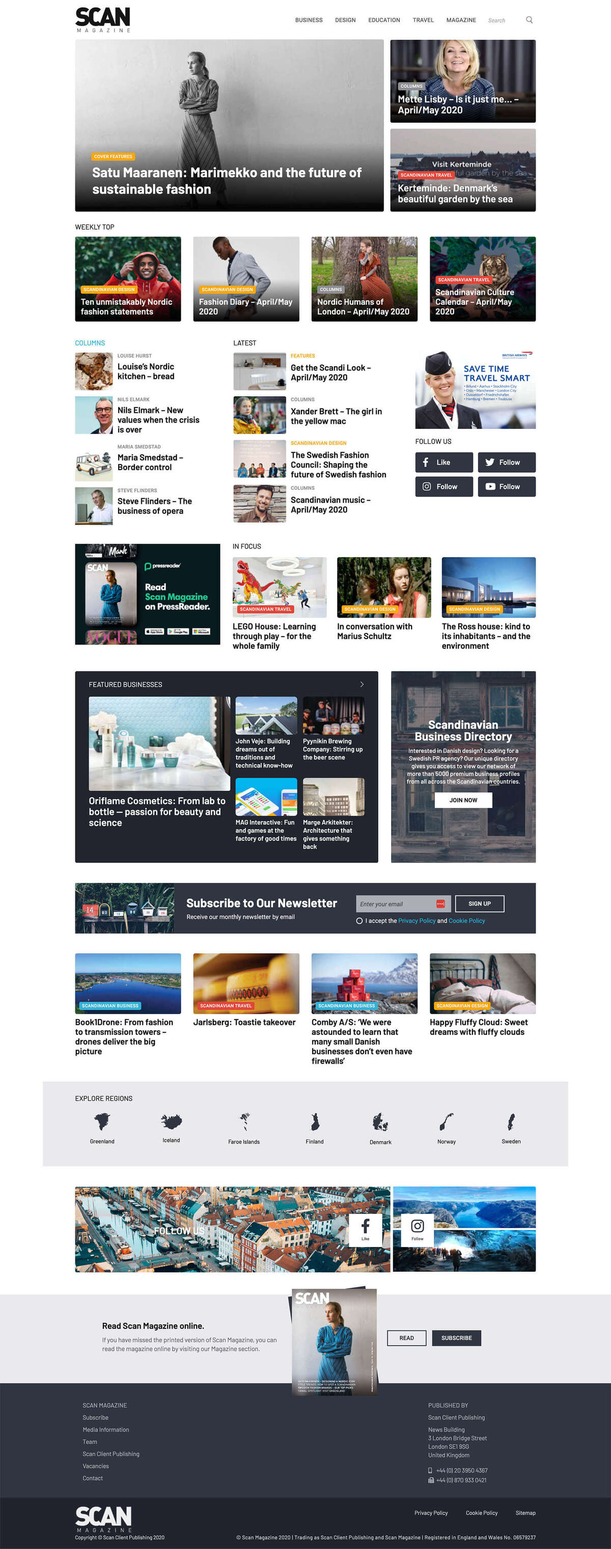 New home page for the magazine, featuring editorial content, tagged with the categories, and organized into section with columns, latest, in focus, featured businesses, newsletter, regions.