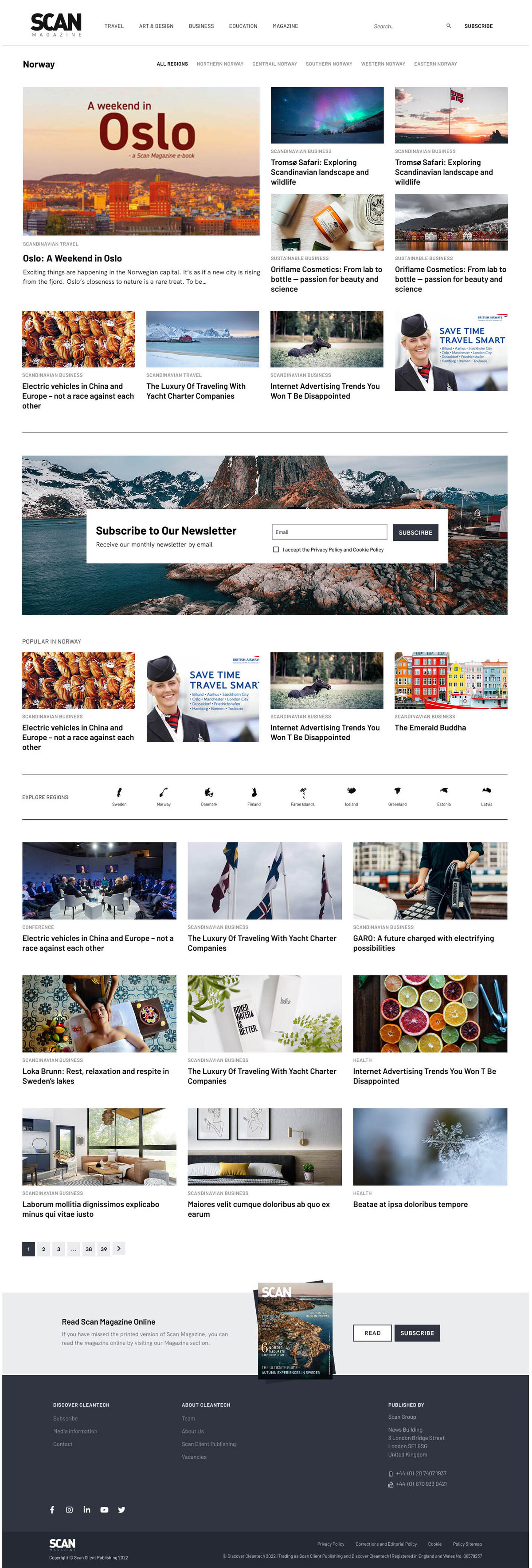 Design for region/country, articles with photography, titles and category labels. The main article is bigger the rest are smaller. In the bottom there are also archived articles paginated.