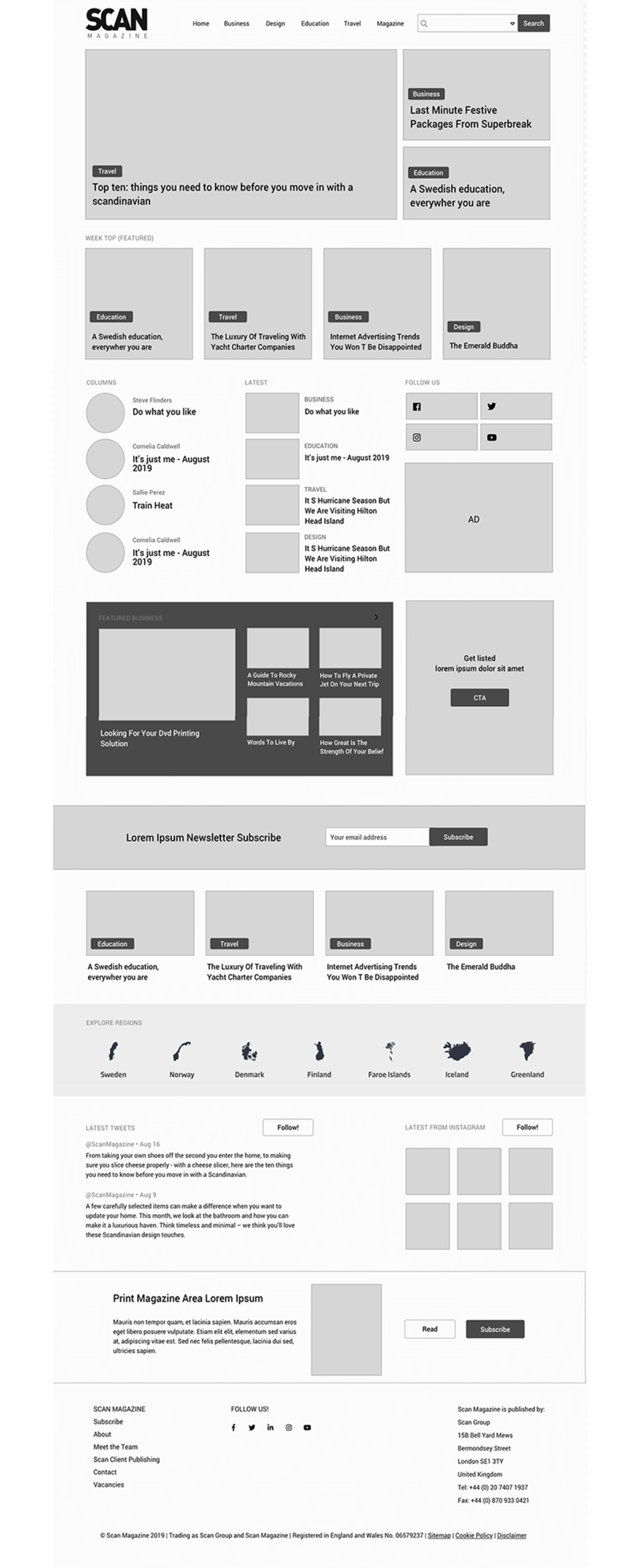 High fidelity wireframes for editorial/news website homepage