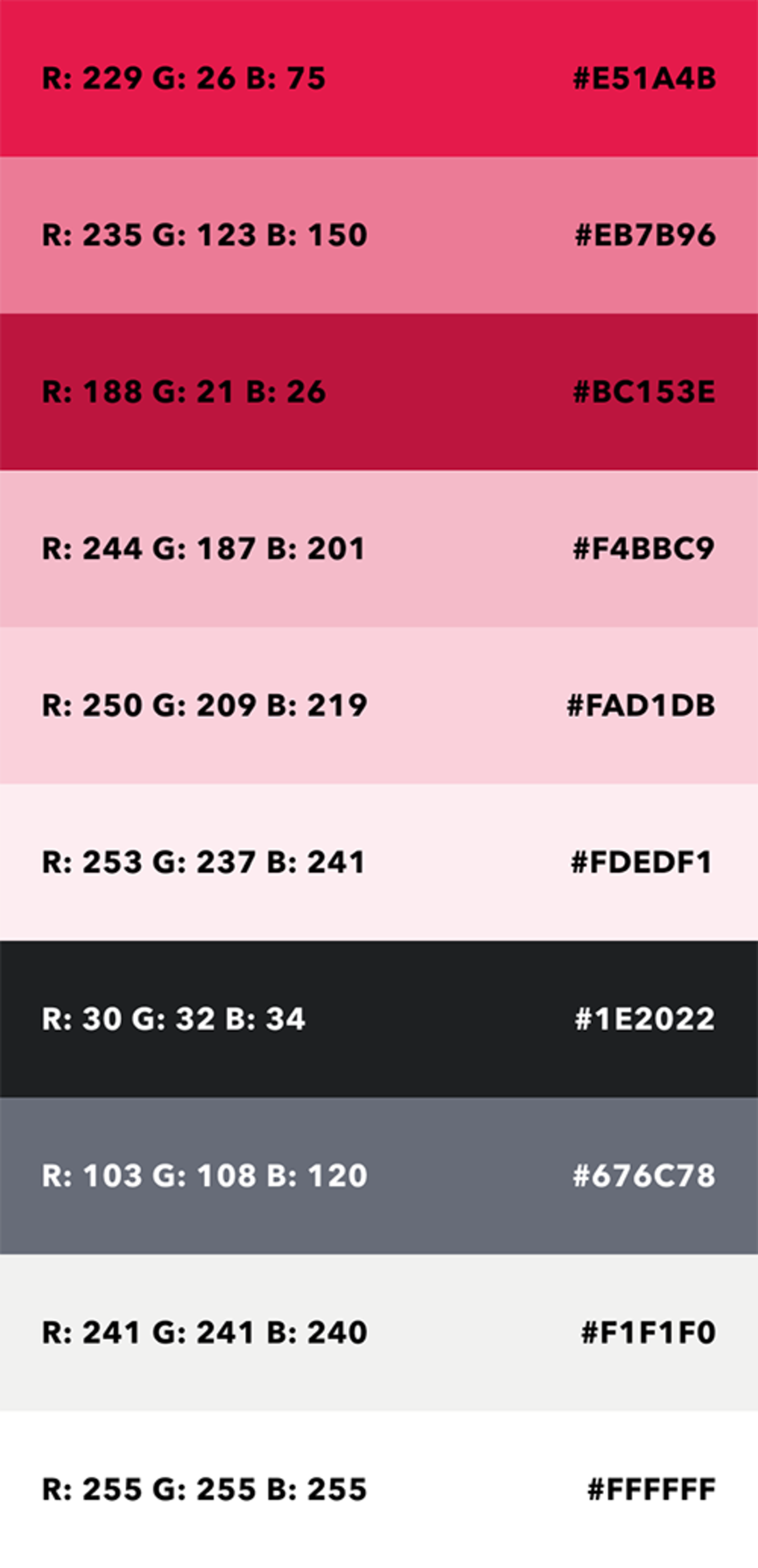 A set colors with colors codes of final color scheme; from hot pink, light shades of pink and black ang gray tones