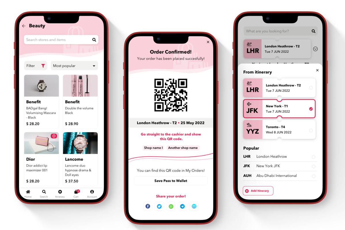 Final design of app - Shopping by category, order confirmation and switch to different airport