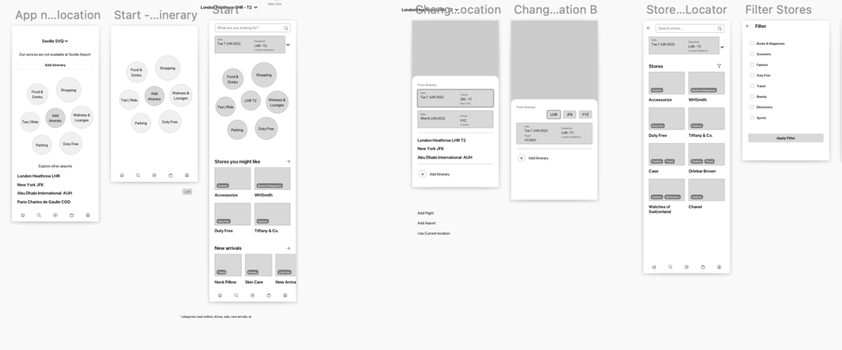 A set of hi-fidelity but work in progress wireframes with some variations for main screen and location change