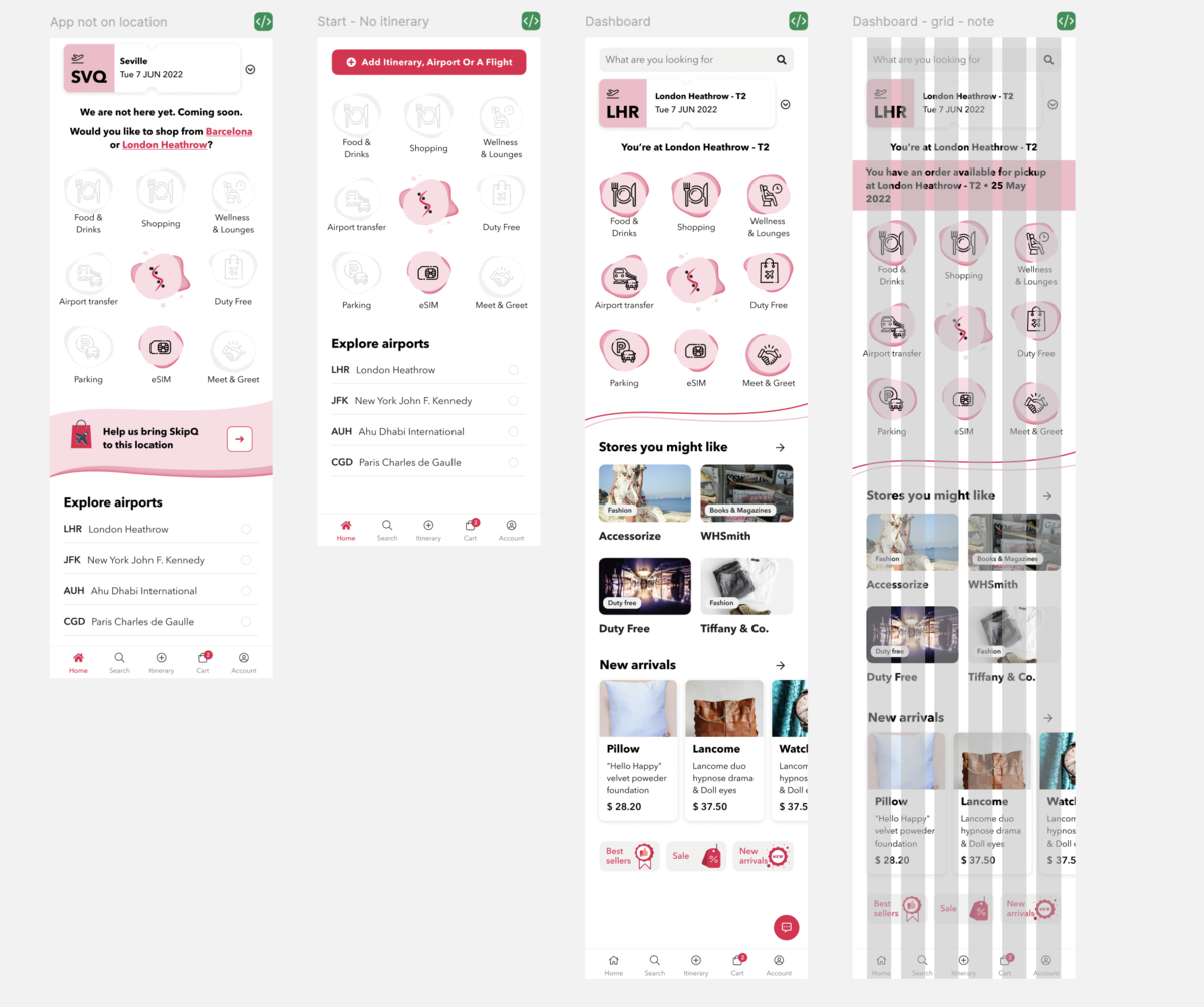Main screen of the app with variations for no service at this location, no itinerary added, fully operational and fully operational with order pending the pickup
