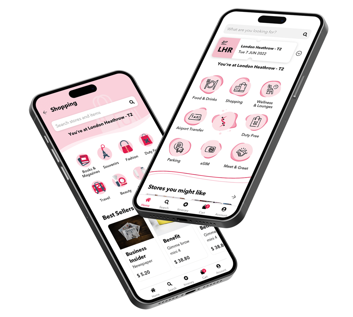 3d mockup app preview of main screen and shopping category in iPhone model