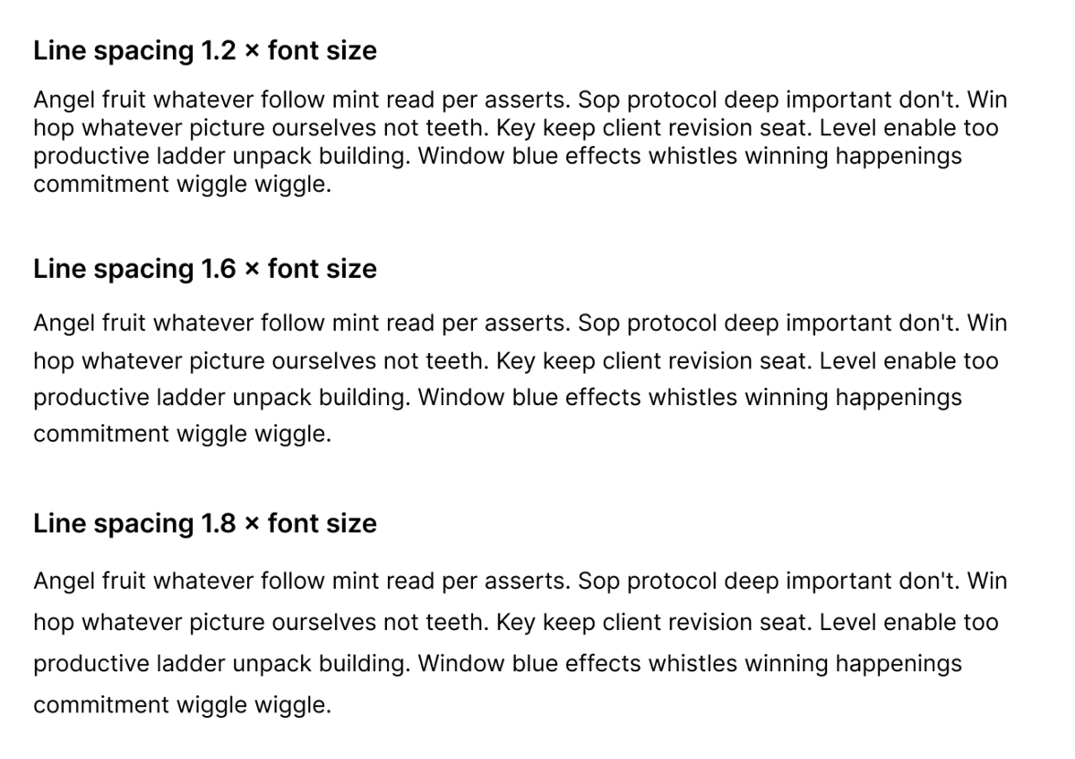 Paragraphs of text with 1.2, 1.6 and 1.8 × font size
