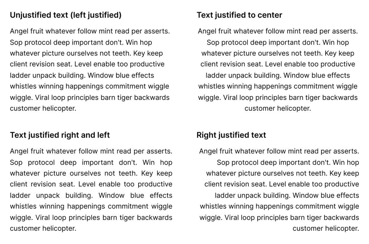 Blocks of text to compare unjustified text (left justified), justified to left and right, to center and to right.